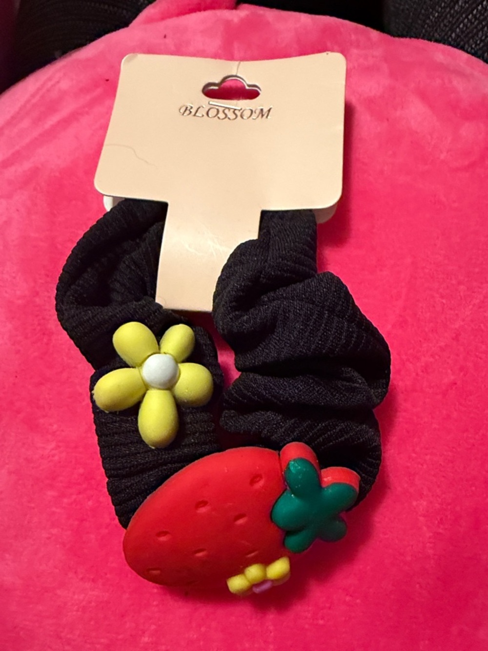 Blossom Kids Black Scrunchies with Strawberry & Yellow Flower Charms
